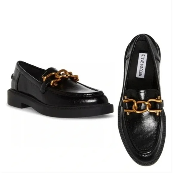 Steve Madden Shoes - Steve Madden Karmine Loafer, Black Leather, Gold Chain Sz 8M